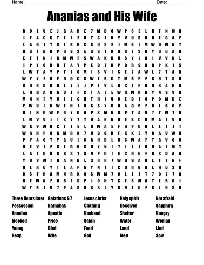 Ananias and His Wife Word Search