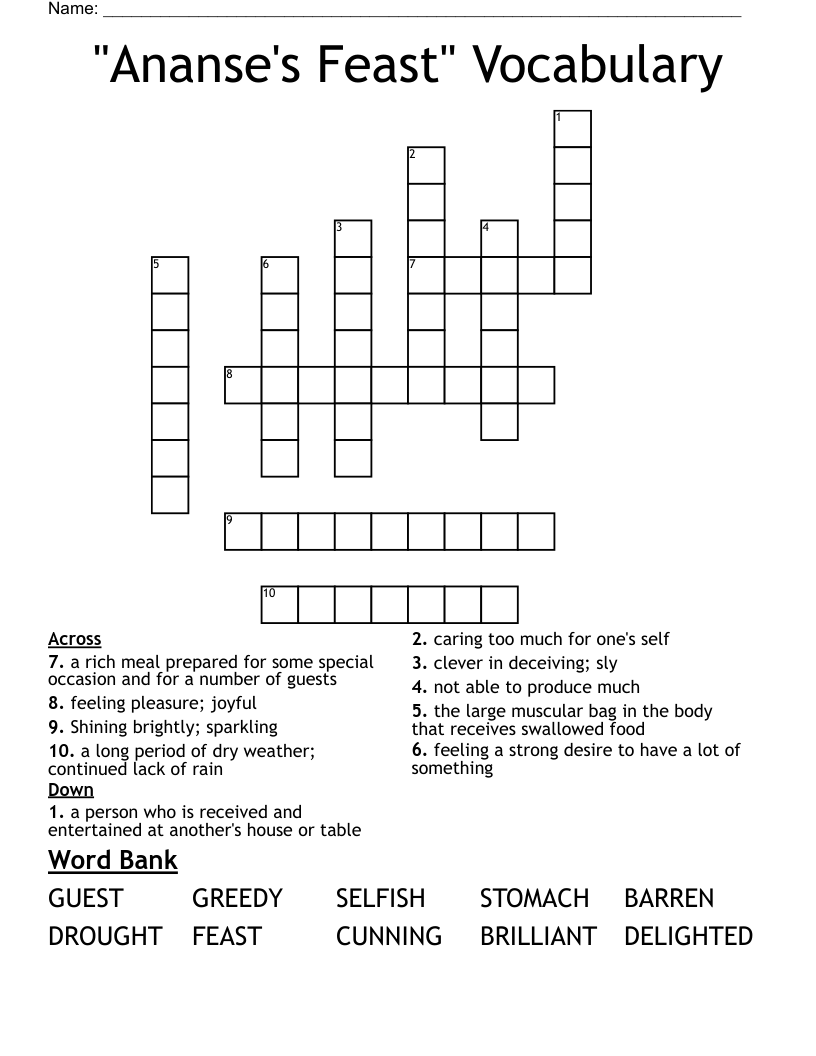 "Ananse's Feast" Vocabulary Crossword