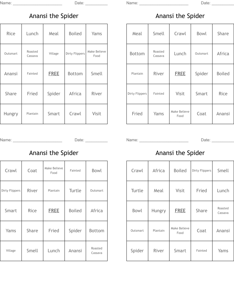Anansi the Spider Bingo Cards