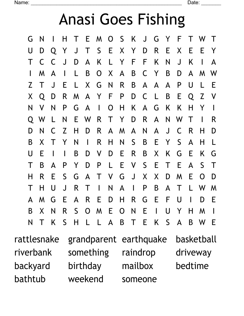 Anasi Goes Fishing Word Search