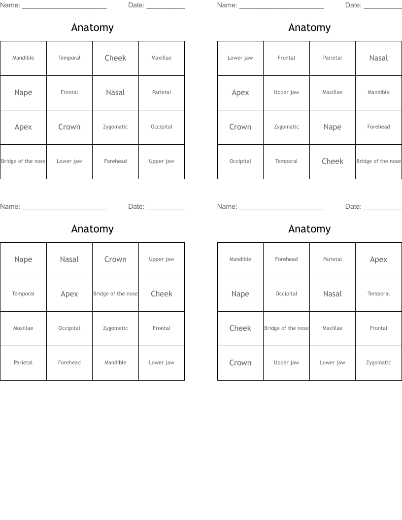 Anatomy Bingo Cards