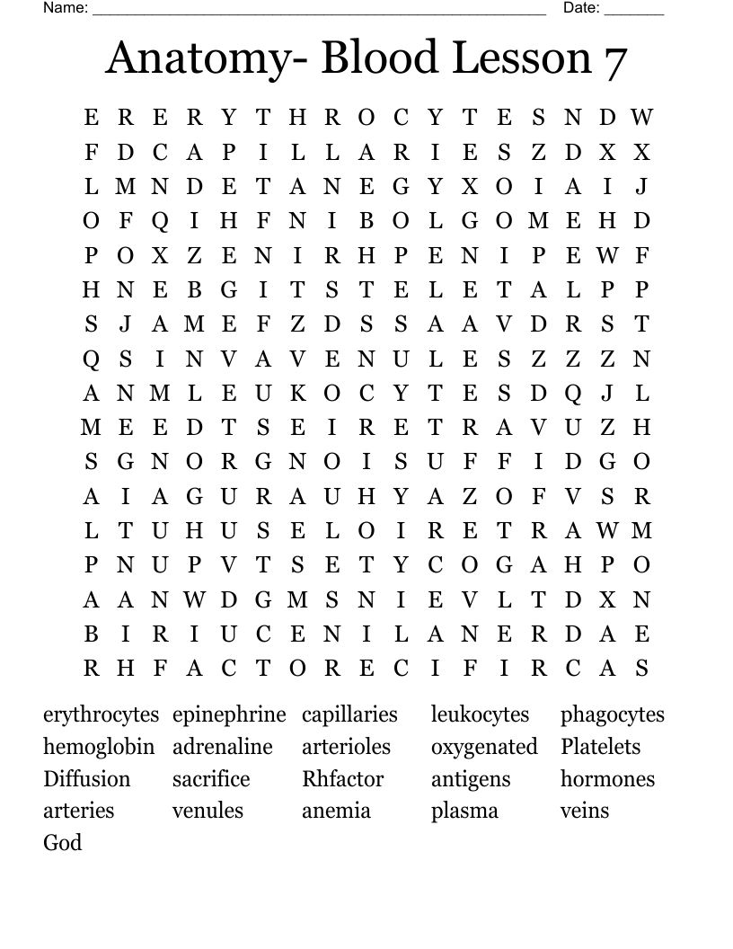 Anatomy- Blood Lesson 7 Word Search