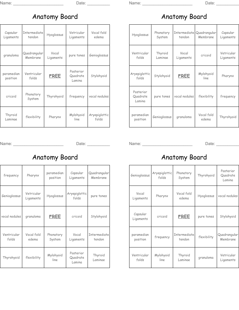 Anatomy Board Bingo Cards