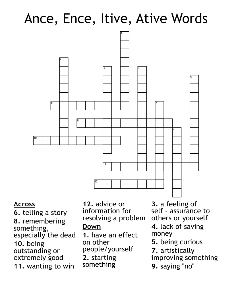 Ance, Ence, Itive, Ative Words Crossword