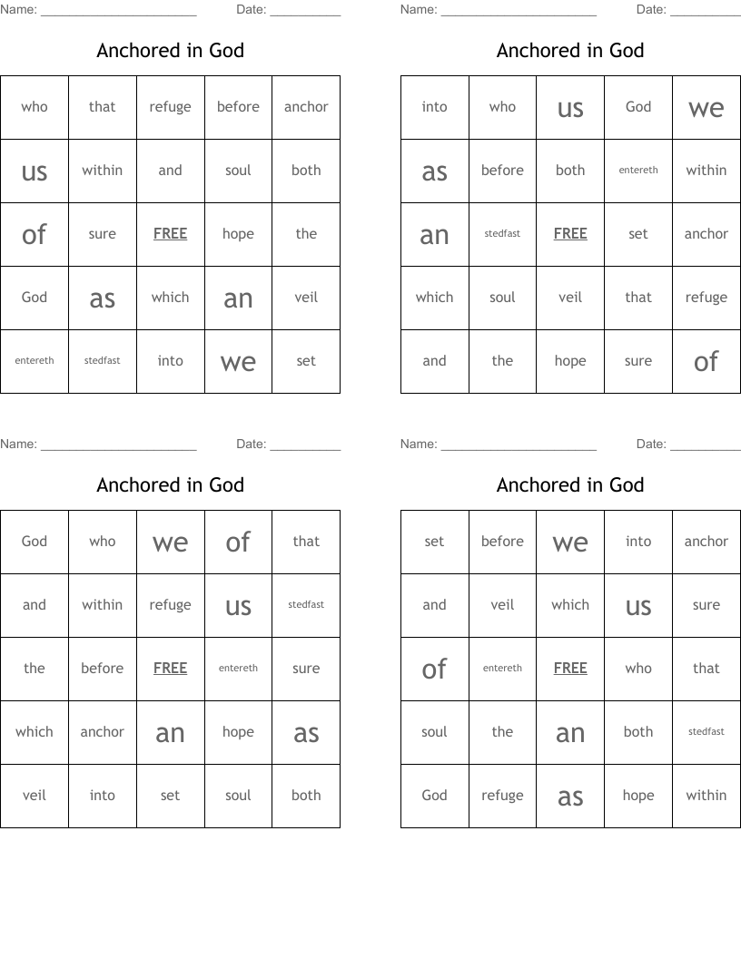 Anchored in God Bingo Cards