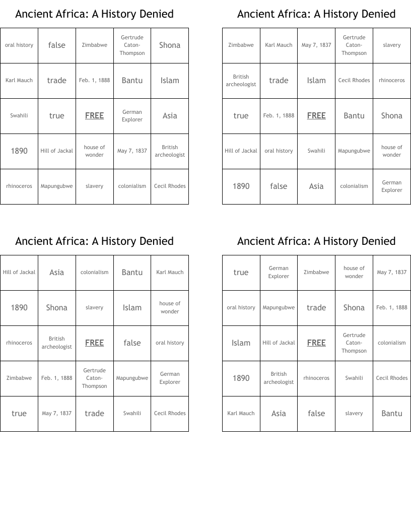 Ancient Africa: A History Denied Bingo Cards