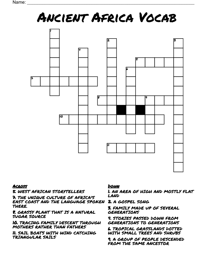 Ancient Africa Vocab Crossword