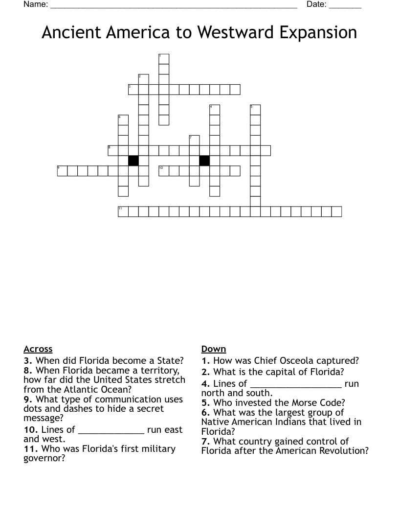Ancient America to Westward Expansion Crossword