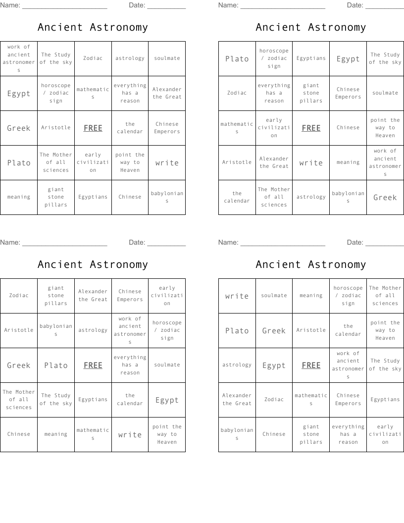 Ancient Astronomy  Bingo Cards