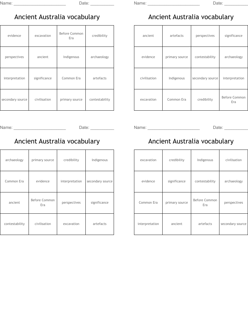 Ancient Australia vocabulary  Bingo Cards