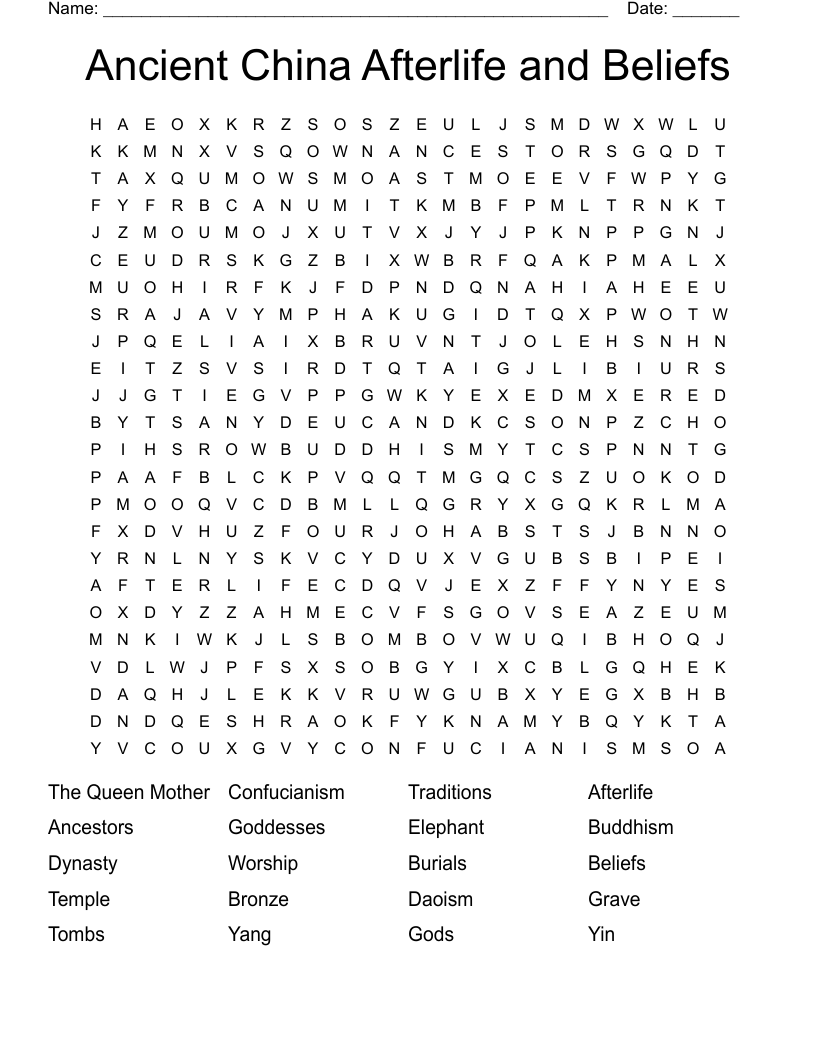Ancient China Afterlife and Beliefs Word Search