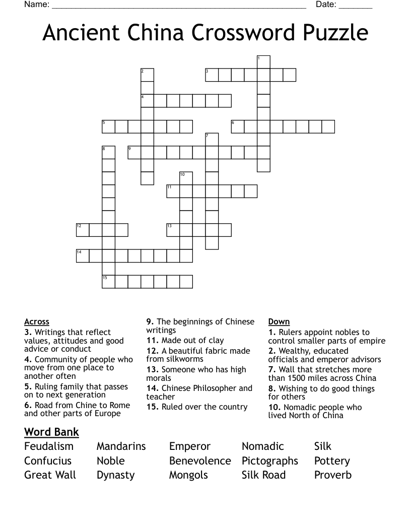 Ancient China Crossword Puzzle
