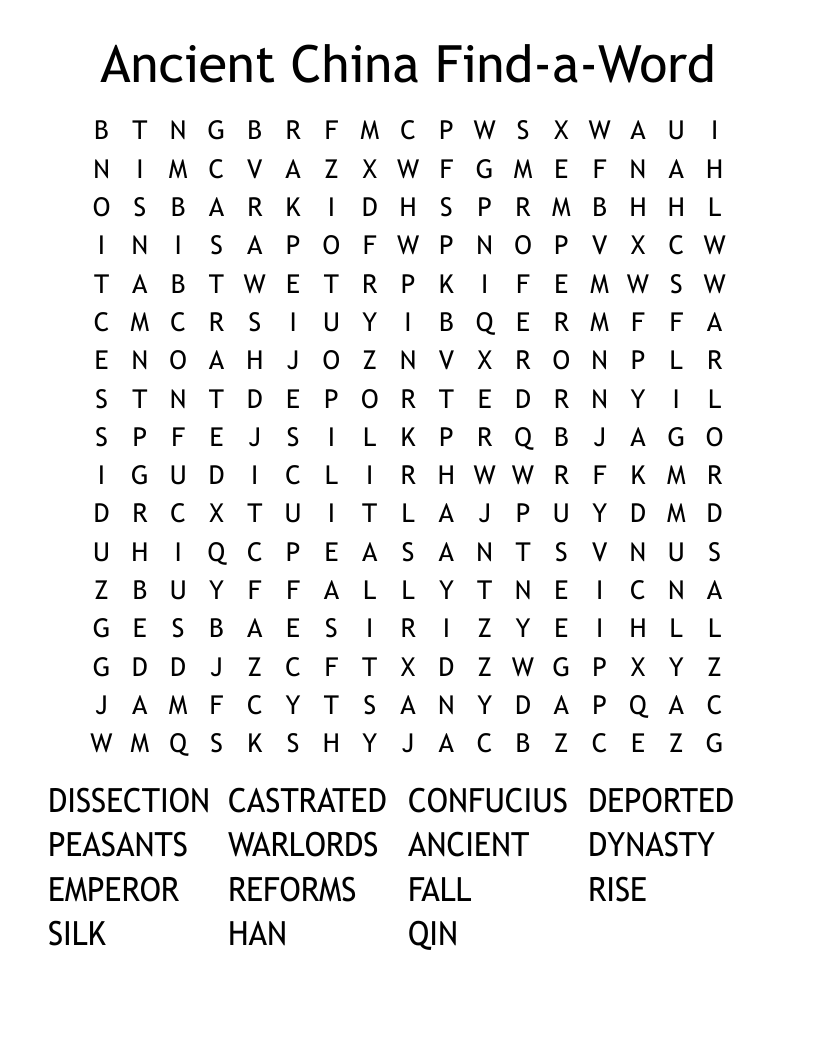Ancient China Find-a-Word Word Search