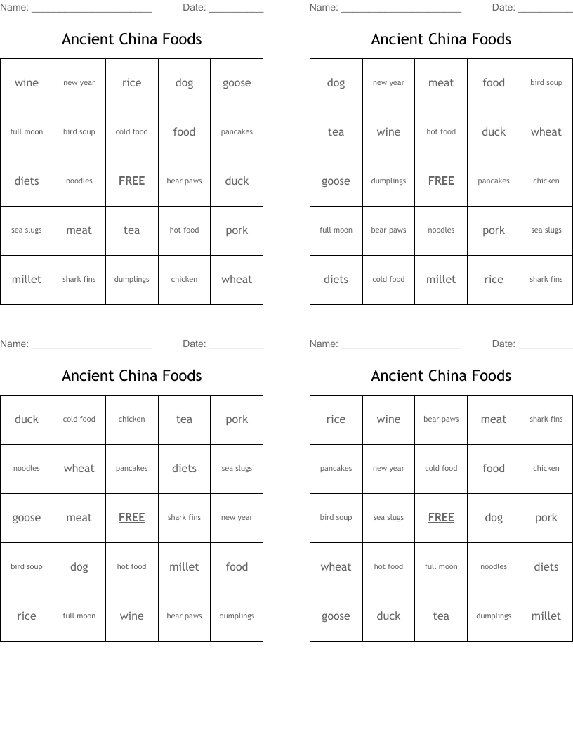 Ancient China Foods Bingo Cards