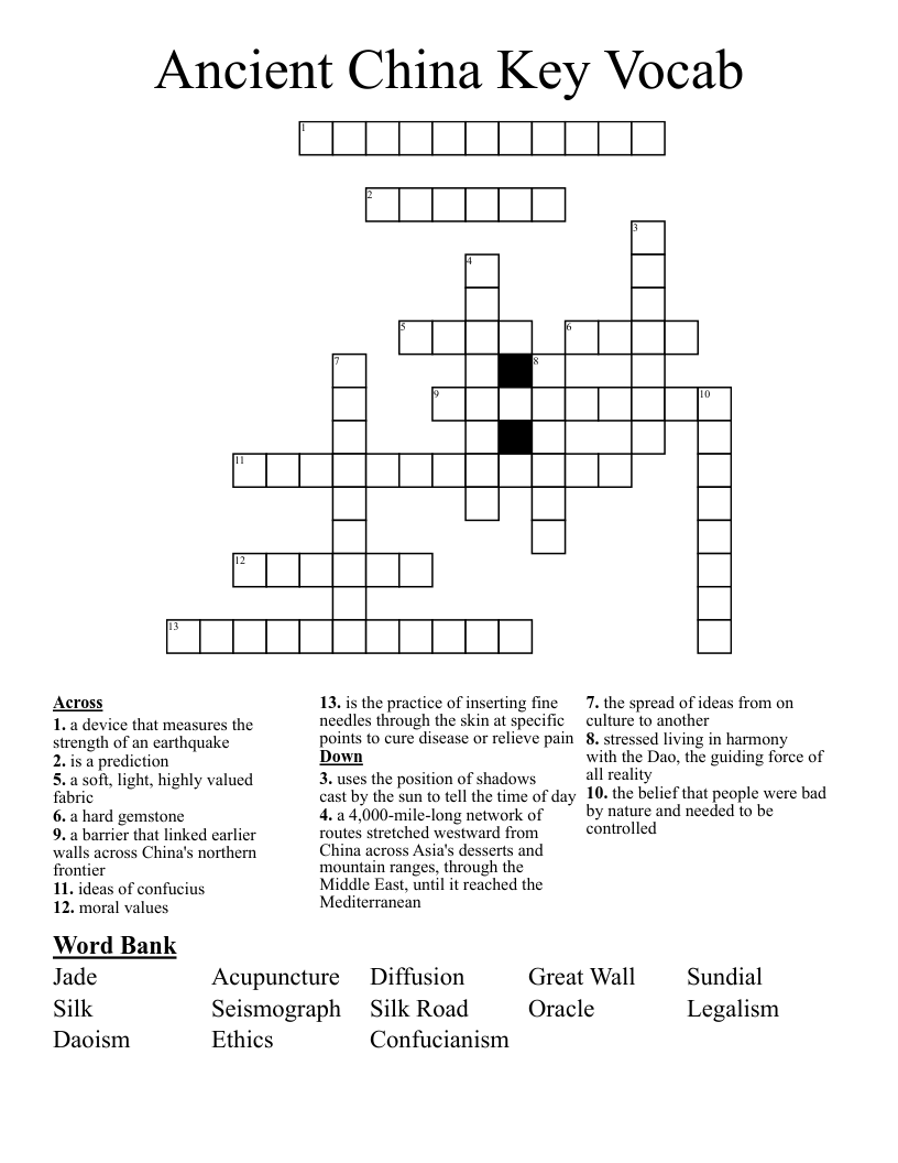 Ancient China Key Vocab Crossword