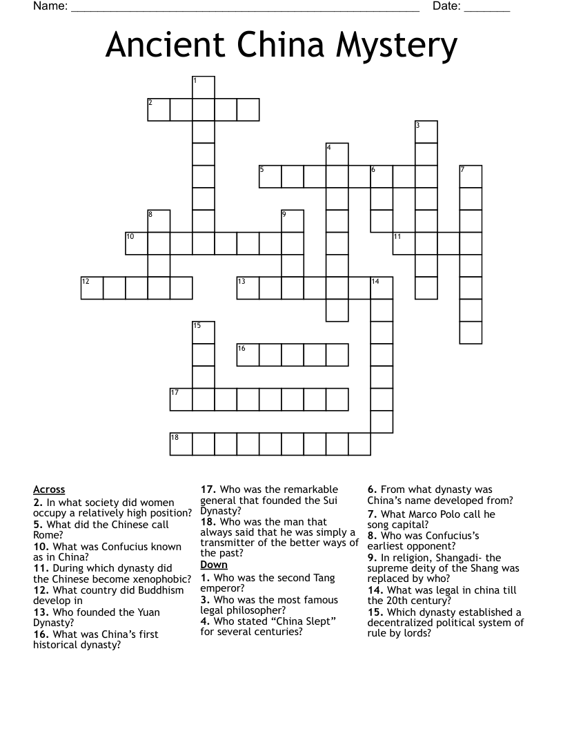 Ancient China Mystery  Crossword