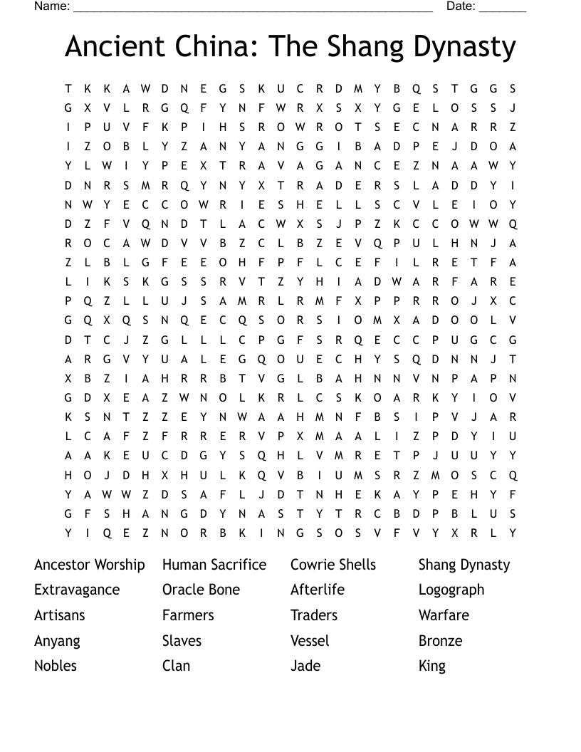 Ancient China: The Shang Dynasty  Word Search