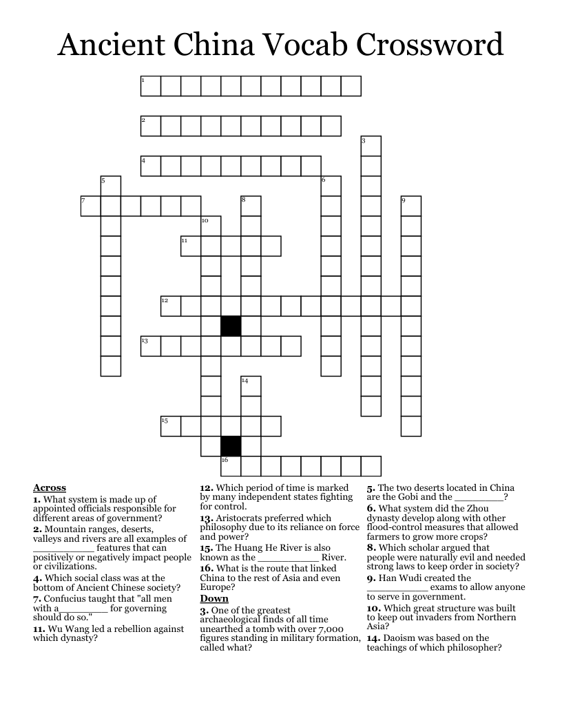 Ancient China Vocab Crossword