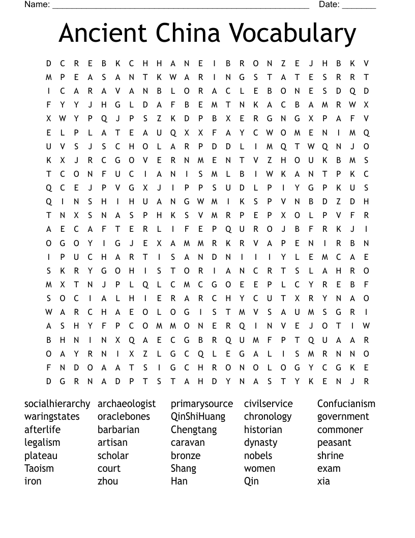 Ancient China Vocabulary Word Search