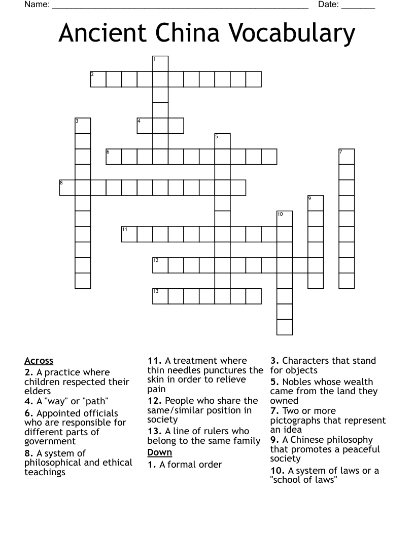 Ancient China Vocabulary Crossword