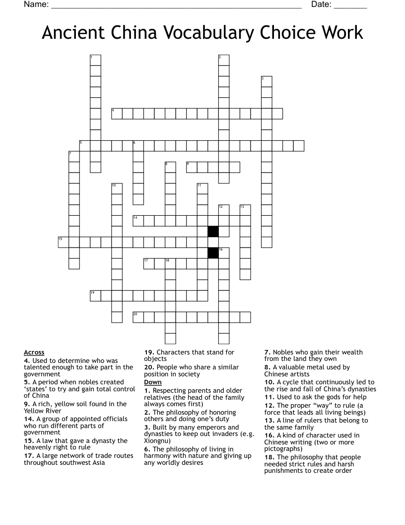 Ancient China Vocabulary Choice Work Crossword