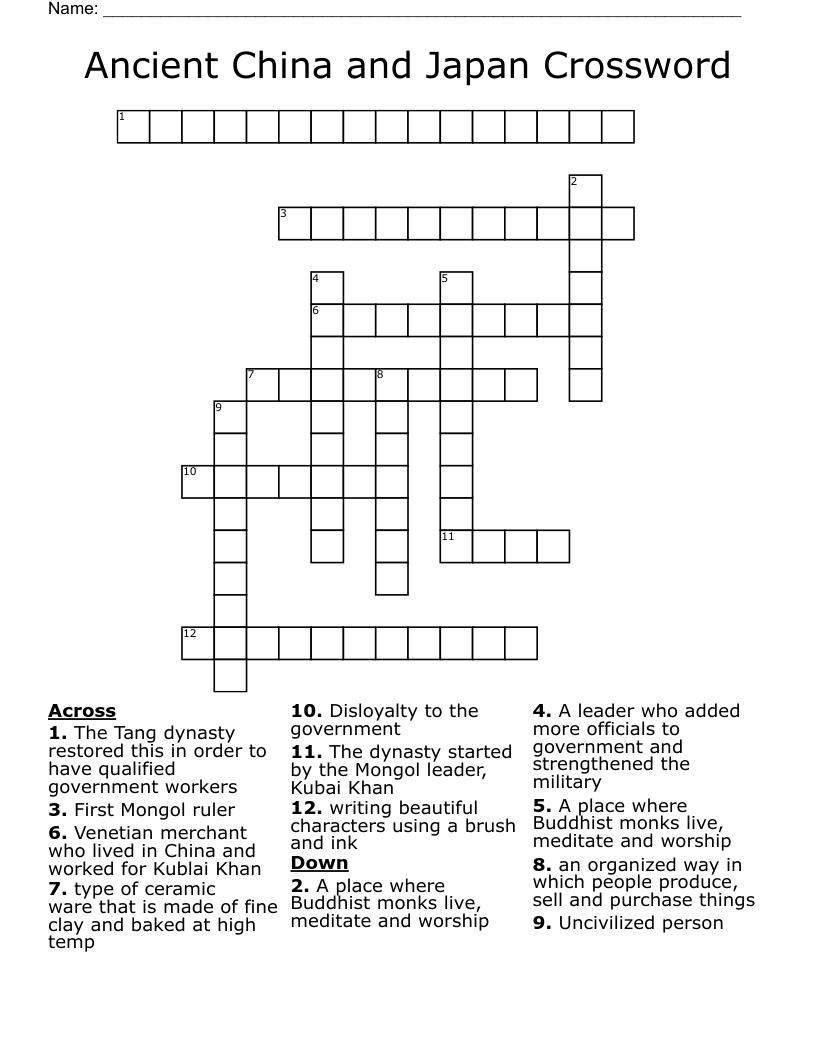 Ancient China and Japan Crossword