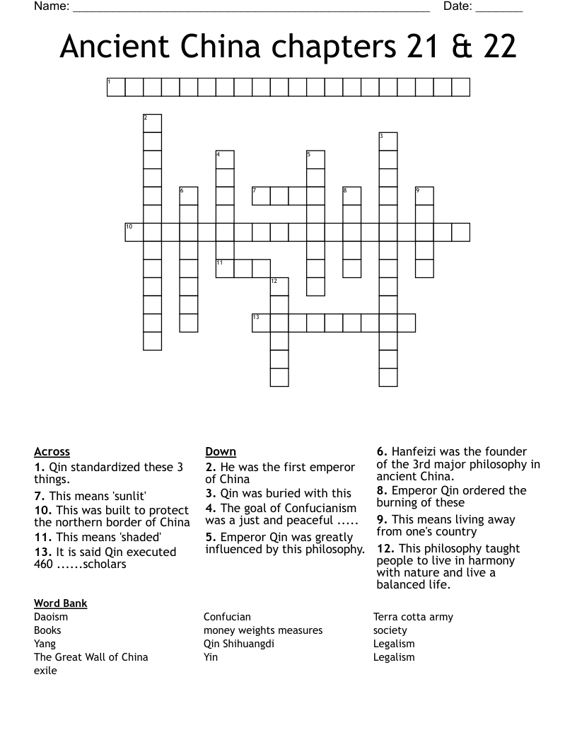 Ancient China chapters 21 & 22 Crossword