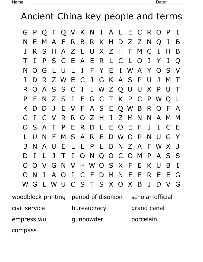 Ancient China key people and terms Word Search