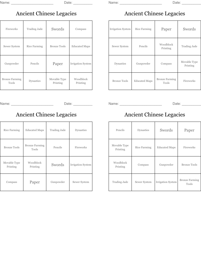 Ancient Chinese Legacies Bingo Cards