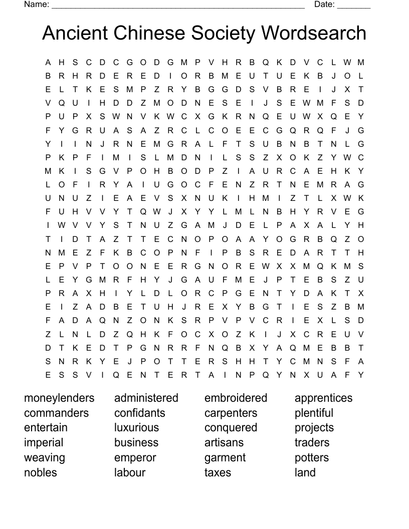 Ancient Chinese Society Wordsearch