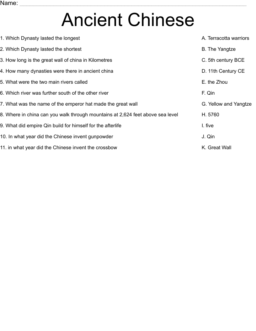 Ancient Chinese  Worksheet