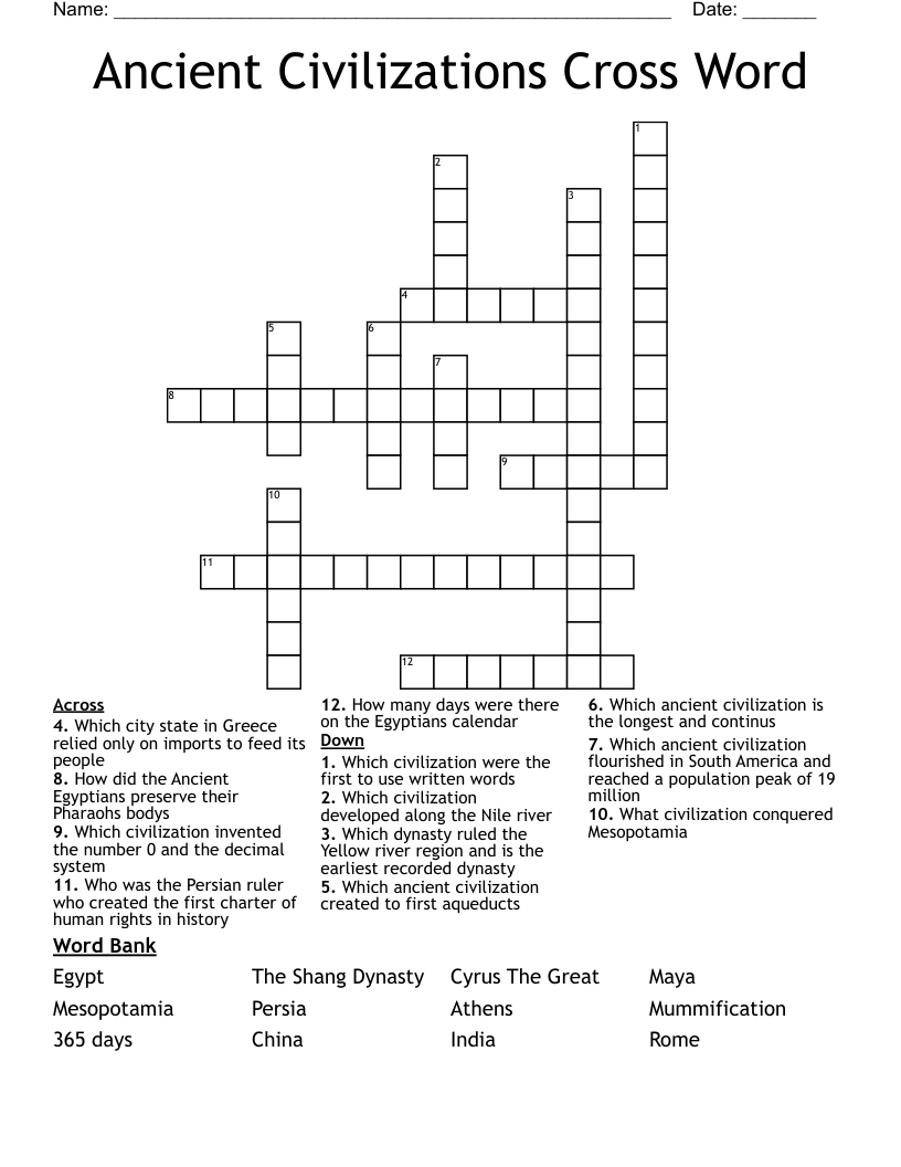 Ancient Civilizations Cross Word