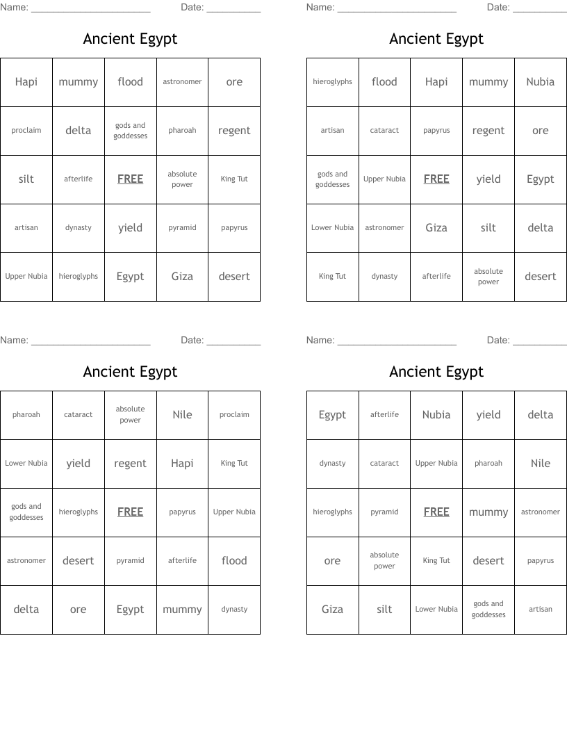 Ancient Egypt Bingo Cards