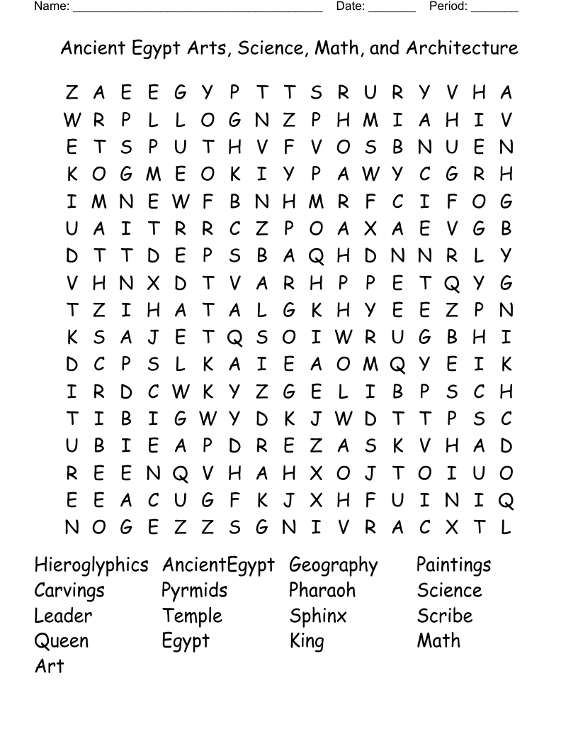 Ancient Egypt Arts, Science, Math, and Architecture Word Search