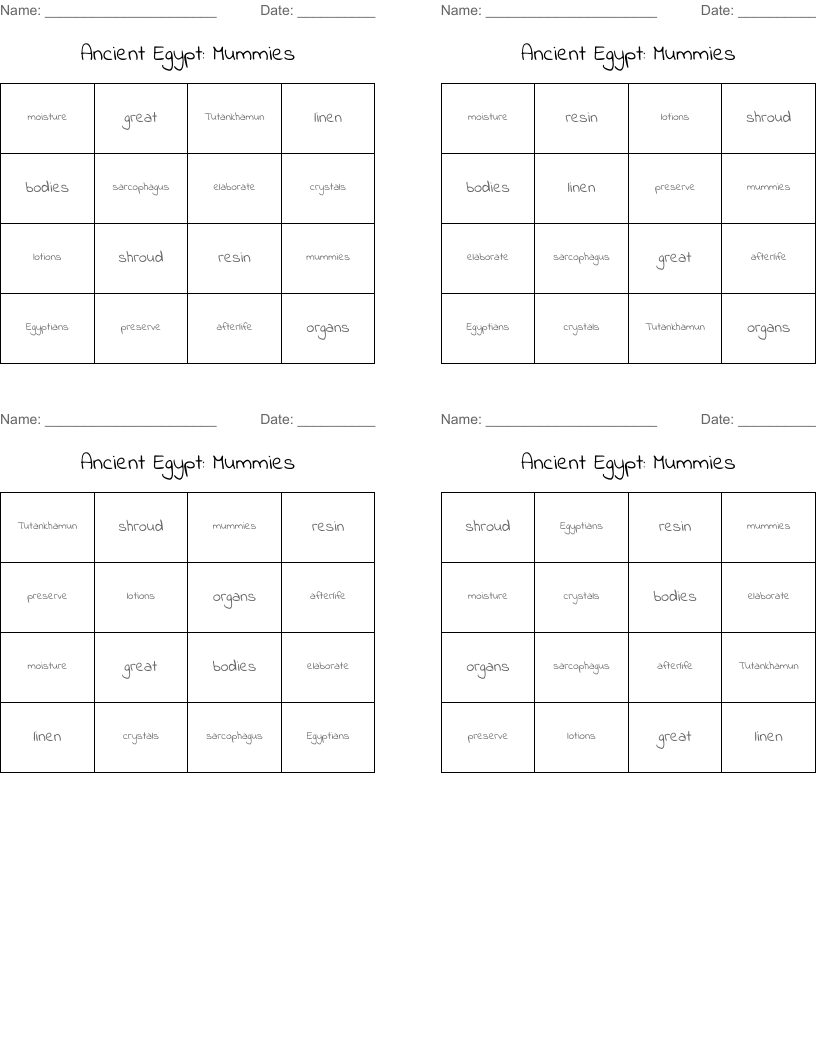 Ancient Egypt: Mummies Bingo Cards