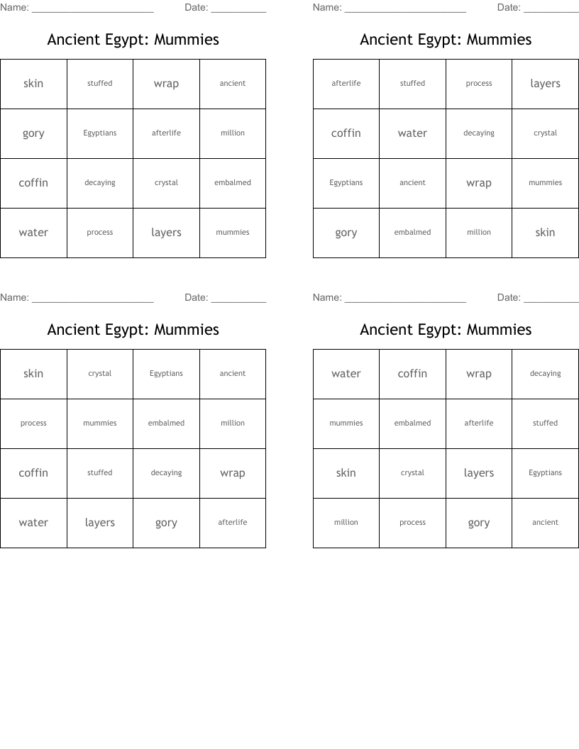 Ancient Egypt: Mummies Bingo Cards