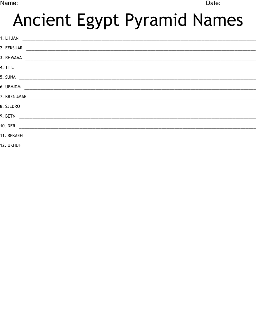 Ancient Egypt Pyramid Names Word Scramble
