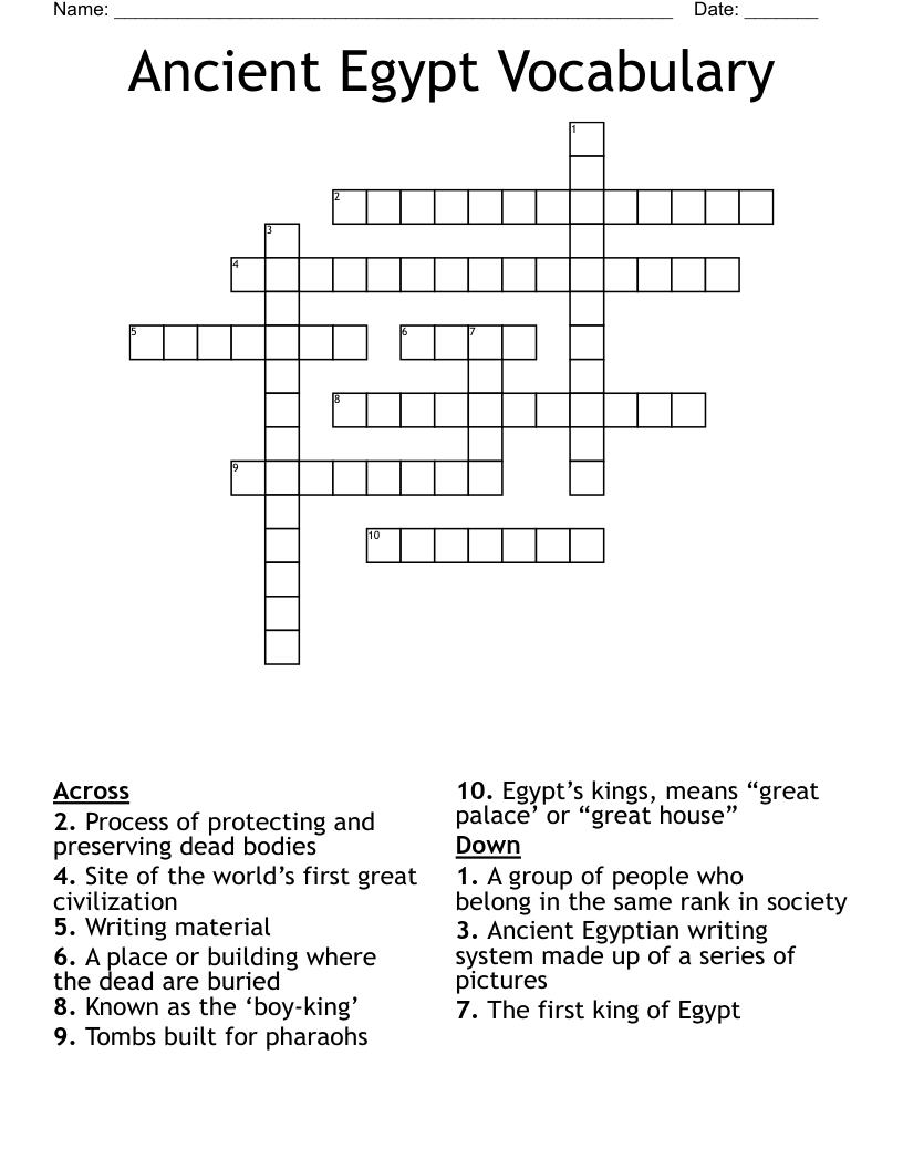 Ancient Egypt Vocabulary Crossword