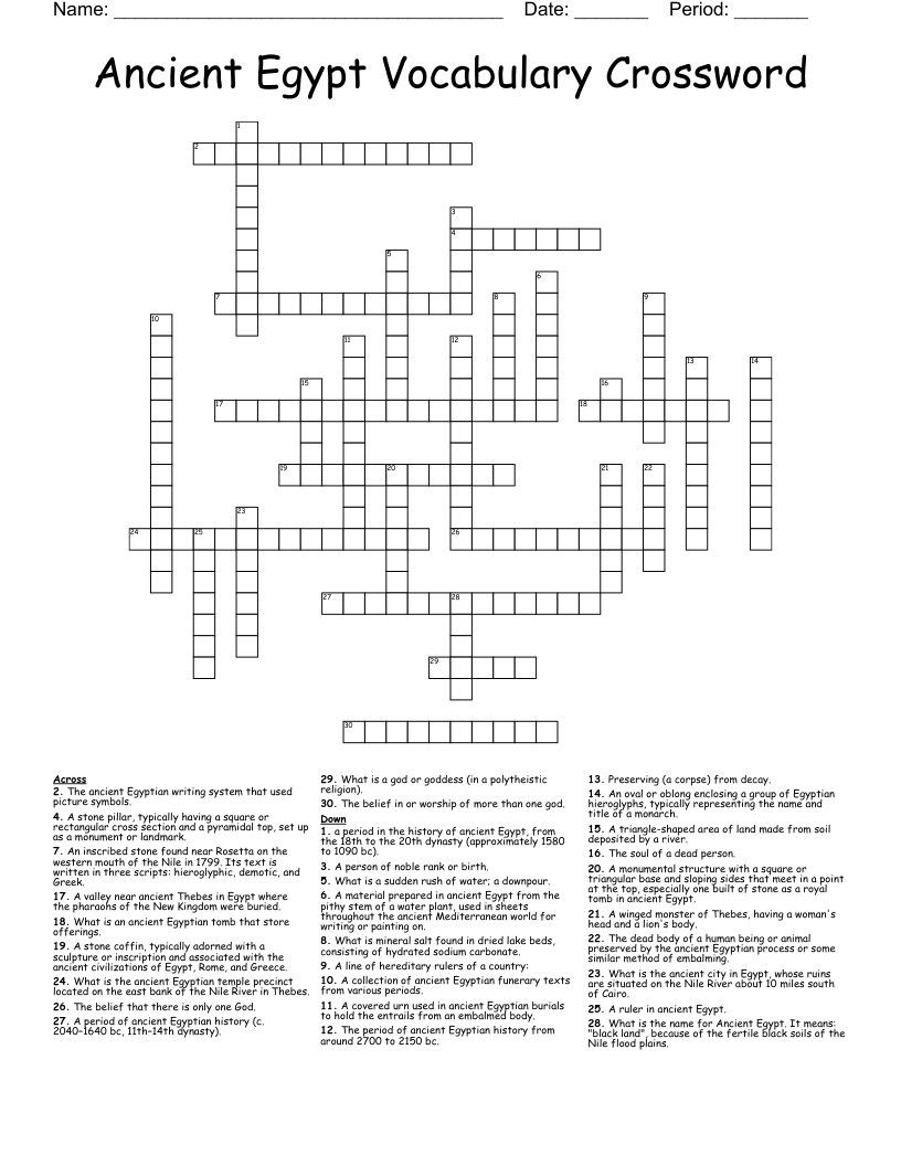 Ancient Egypt Vocabulary Crossword