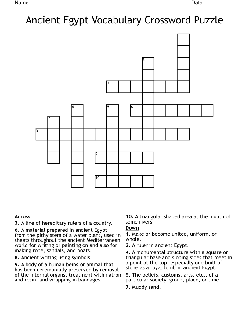 Ancient Egypt Vocabulary Crossword Puzzle