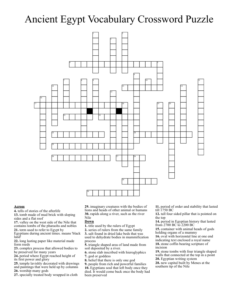 Ancient Egypt Vocabulary Crossword Puzzle