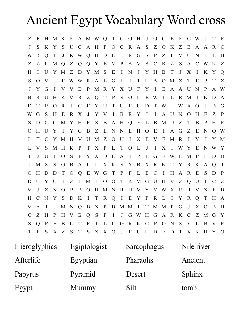 Ancient Egypt Vocabulary Word cross Word Search