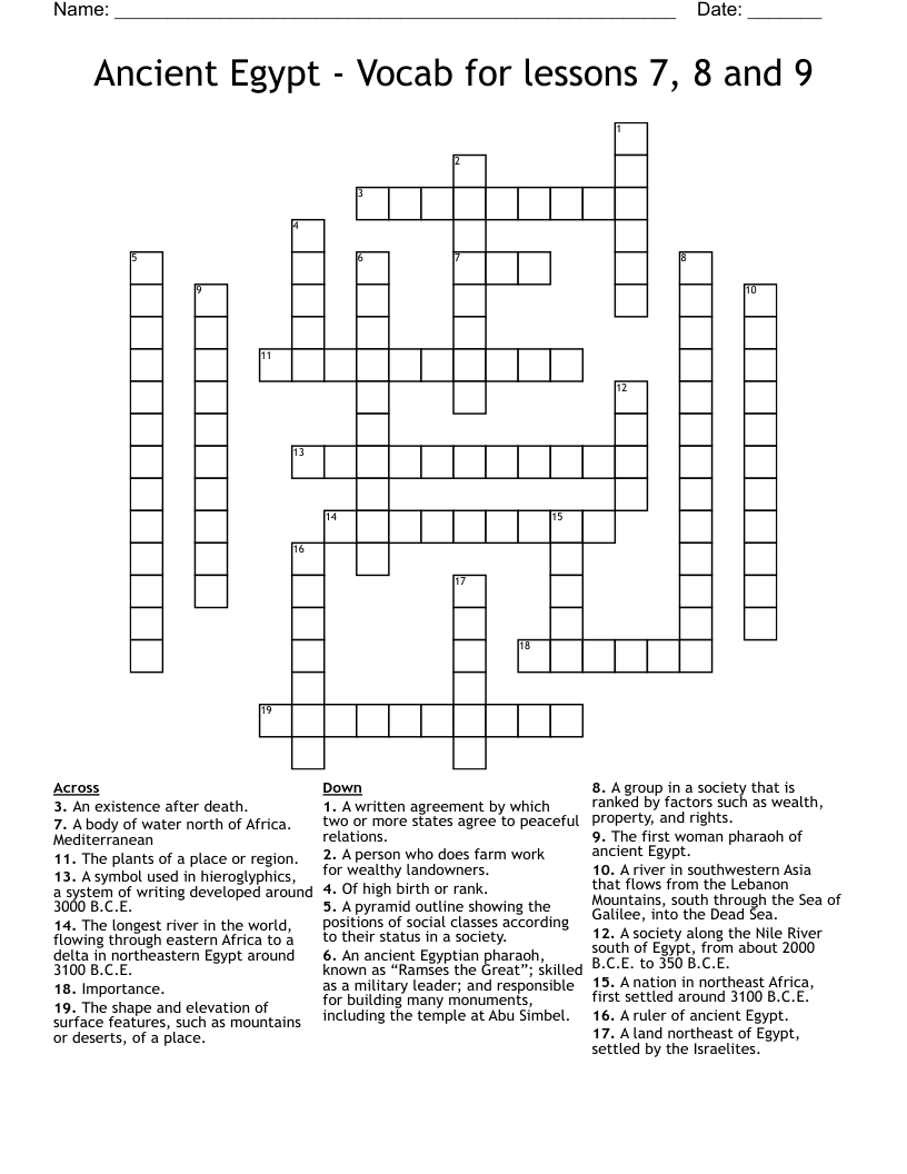 Ancient Egypt - Vocab for lessons 7, 8 and 9 Crossword