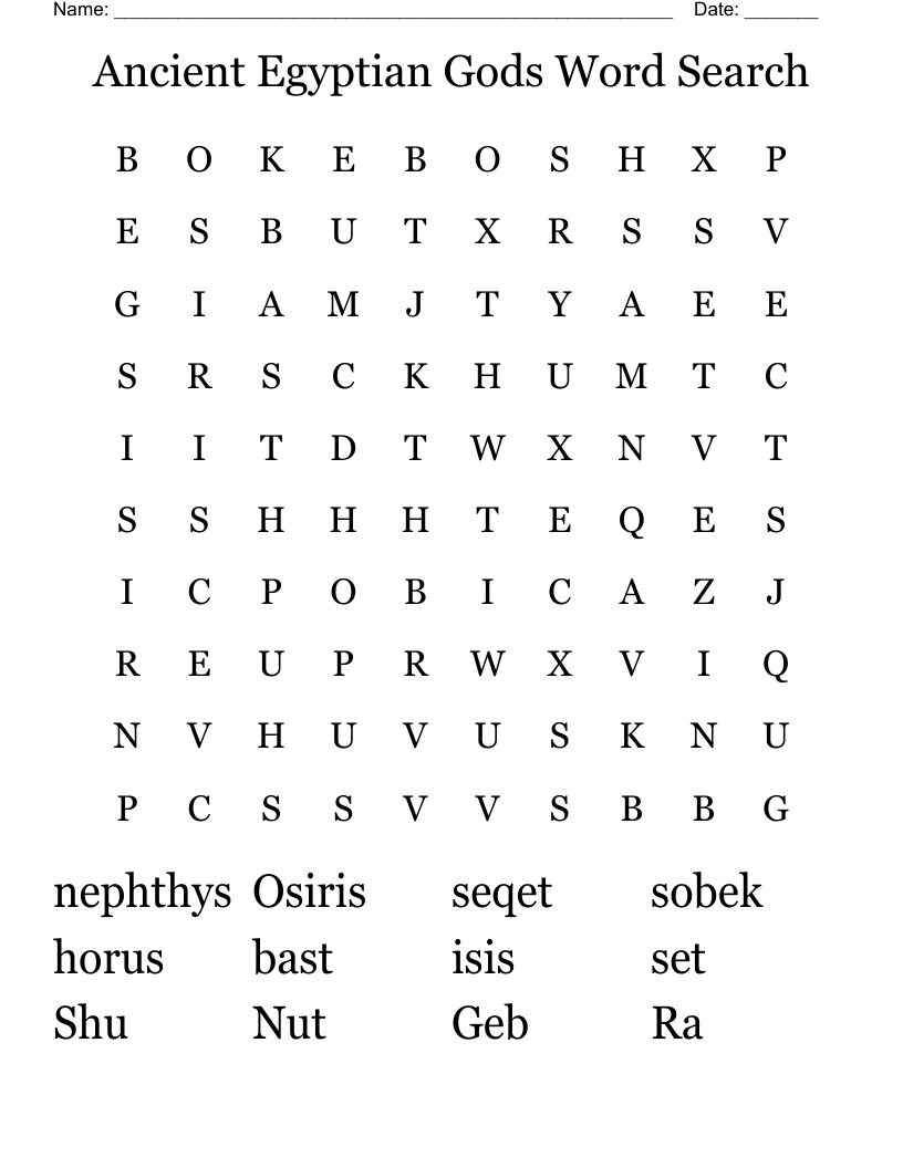Ancient Egyptian Gods Word Search