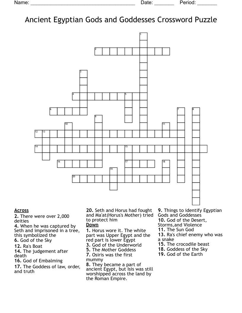 Ancient Egyptian Gods and Goddesses Crossword Puzzle