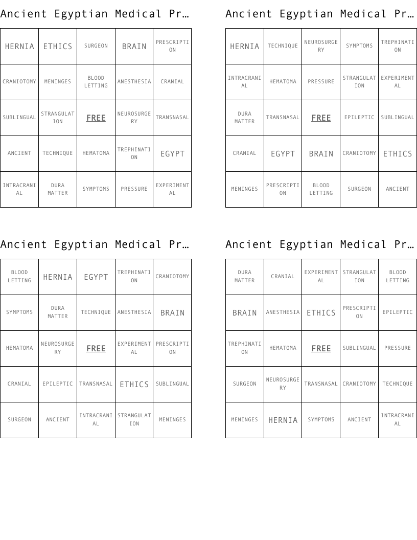 Ancient Egyptian Medical Practices Bingo Cards