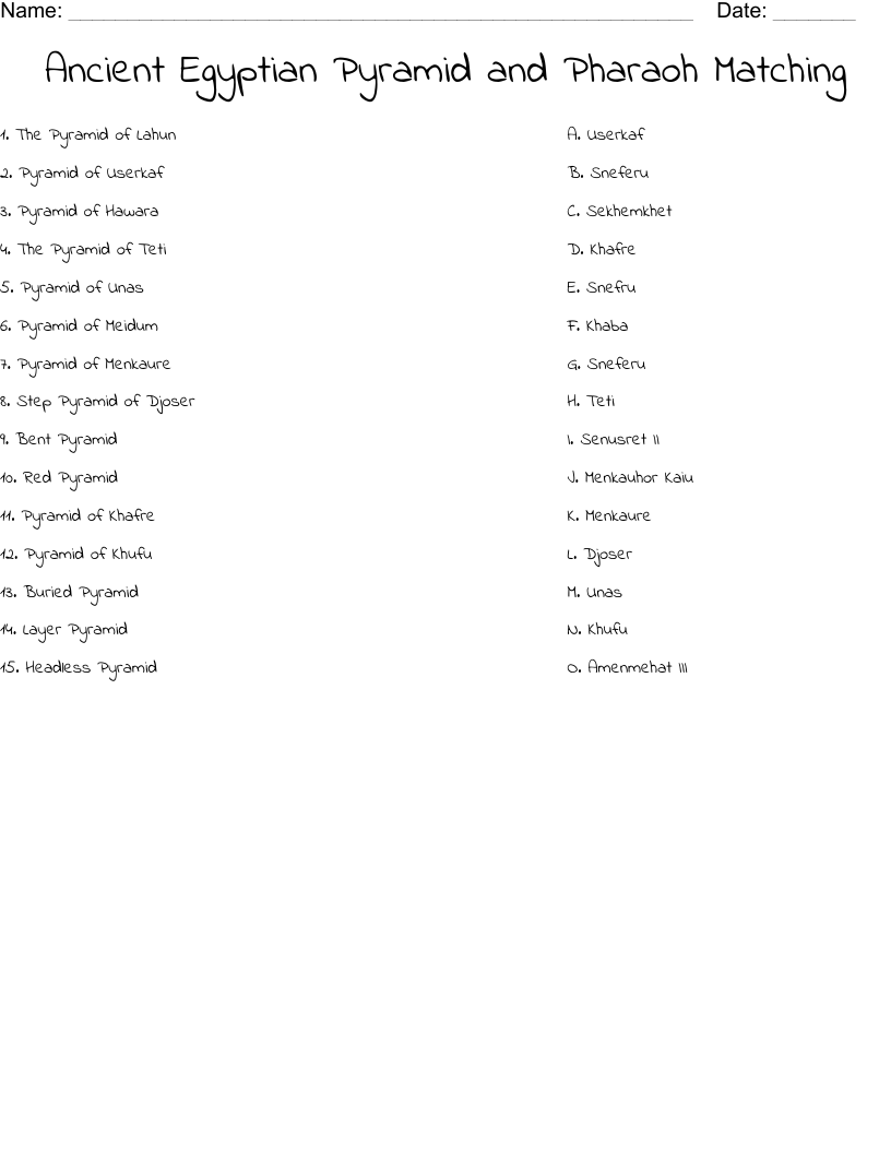 Ancient Egyptian Pyramid and Pharaoh Matching Worksheet