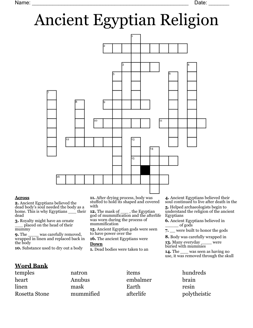 Ancient Egyptian Religion Crossword
