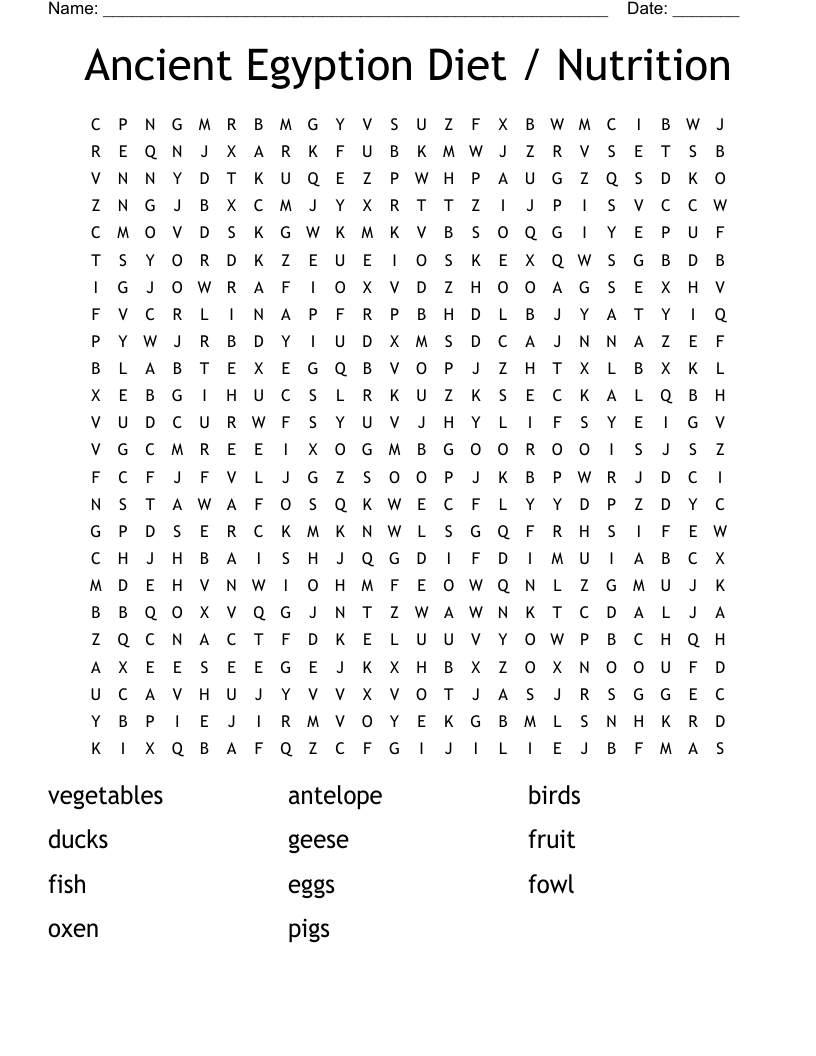 Ancient Egyption Diet / Nutrition Word Search