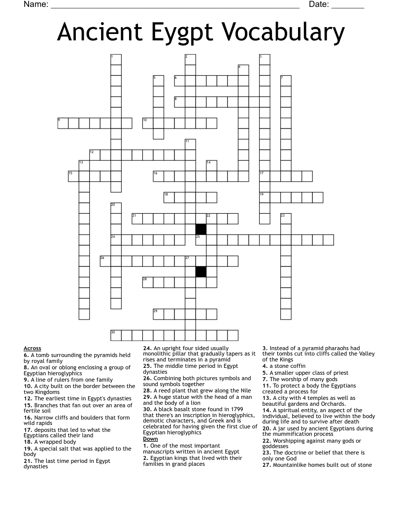Ancient Eygpt Vocabulary Crossword